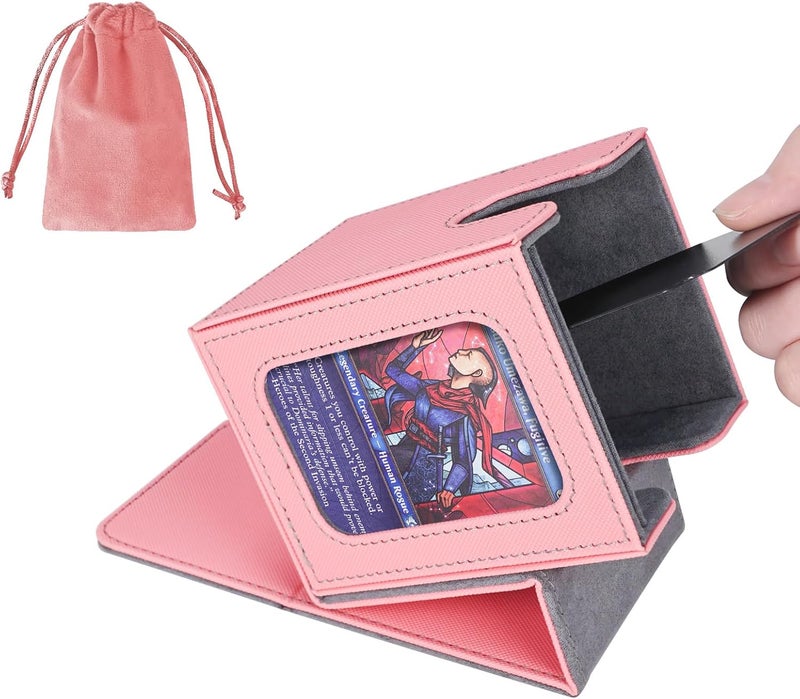 AFIING MTG Deck Box for Commander Display,Card Deck Box Fits 100 Double Sleeved Cards, Magic Commander TCG Card Storage Box with 2 Dividers,Drawstring Bag and 1 Toploader(Pink/grey) - Image 1